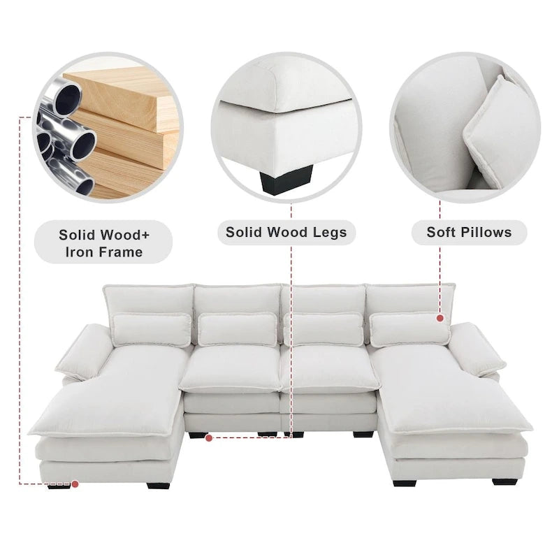 110*55 Modern U-Shaped Sectional Sofa with Waist Pillows,6-Seat Upholstered Symmetrical Sofa Furniture
