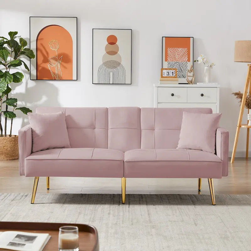 Velvet Futon Sofa Bed with Gold Metal Legs for Living Room, Entryway, Hallway, Office