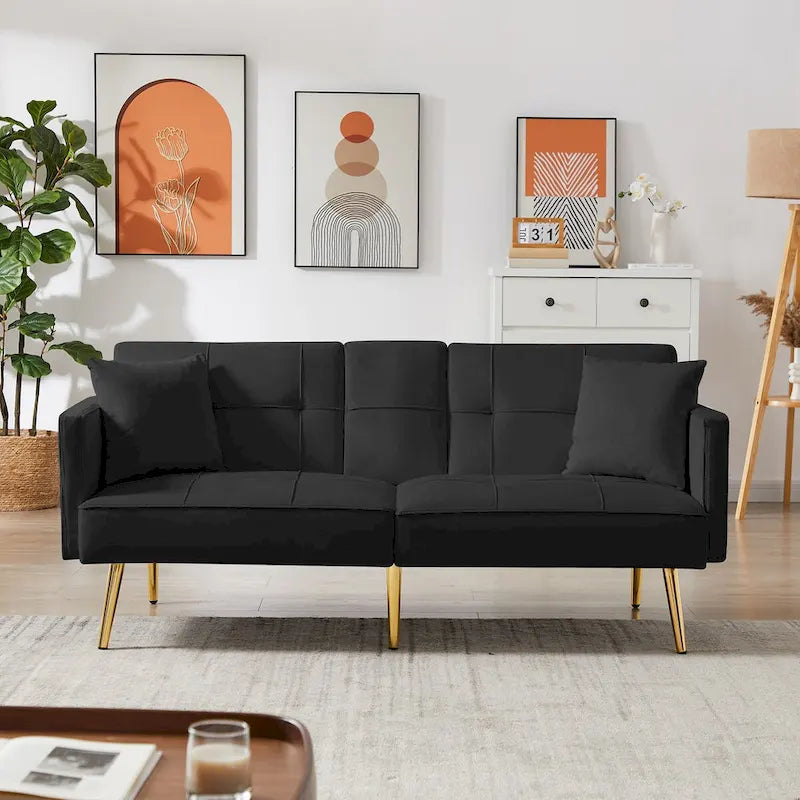 Velvet Futon Sofa Bed with Gold Metal Legs for Living Room, Entryway, Hallway, Office