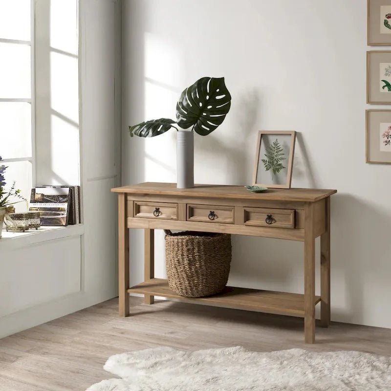 OS Home and Office Furniture Model COR933 Cottage Series Wood Three Drawer Hall Table Console in Corona Brown