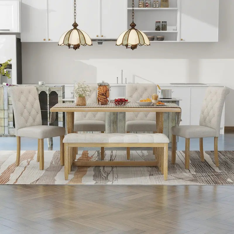 6-Piece Retro Rectangular Dining Table Set,Table with Unique Legs and 4 Upholstered Chairs & 1 Bench for Dining Room and Kitchen