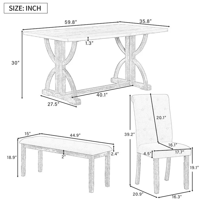 6-Piece Retro Rectangular Dining Table Set,Table with Unique Legs and 4 Upholstered Chairs & 1 Bench for Dining Room and Kitchen
