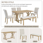 6-Piece Retro Rectangular Dining Table Set,Table with Unique Legs and 4 Upholstered Chairs & 1 Bench for Dining Room and Kitchen