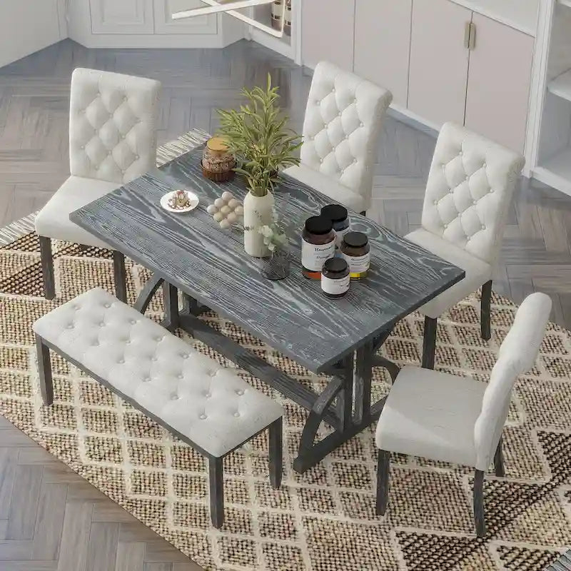 6-Piece Retro Rectangular Dining Table Set,Table with Unique Legs and 4 Upholstered Chairs & 1 Bench for Dining Room and Kitchen