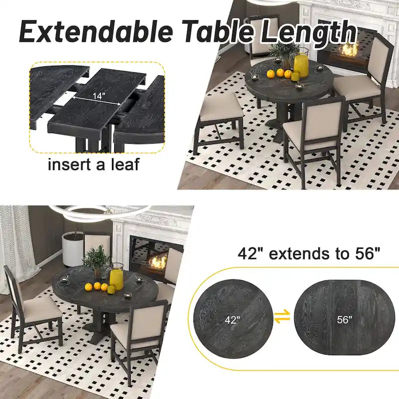 Farmhouse Dining Table Extendable Round Table for Kitchen, Dining Room