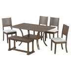 6-Piece Dining Table Set with Storage Shelf and Curved Legs, Kitchen Table Set with Bench and 4 Removable Cushions Dining Chairs