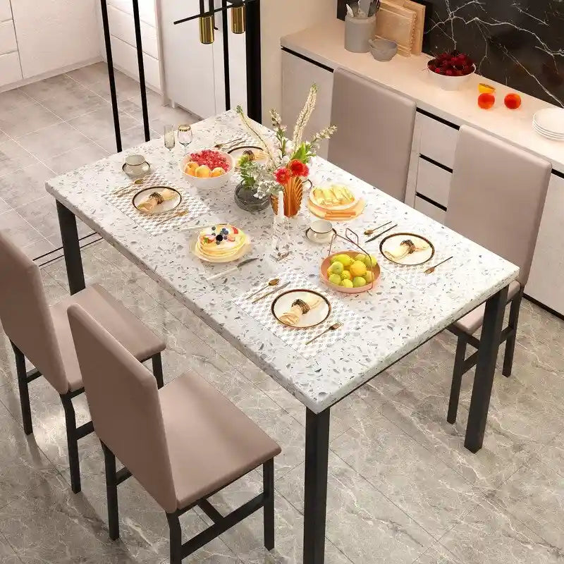 Grondin Mid-Century Modern Faux Marble Top 5-Piece Dining Table Set with 4 Faux Leather Matching Dining Chairs for Kitchen