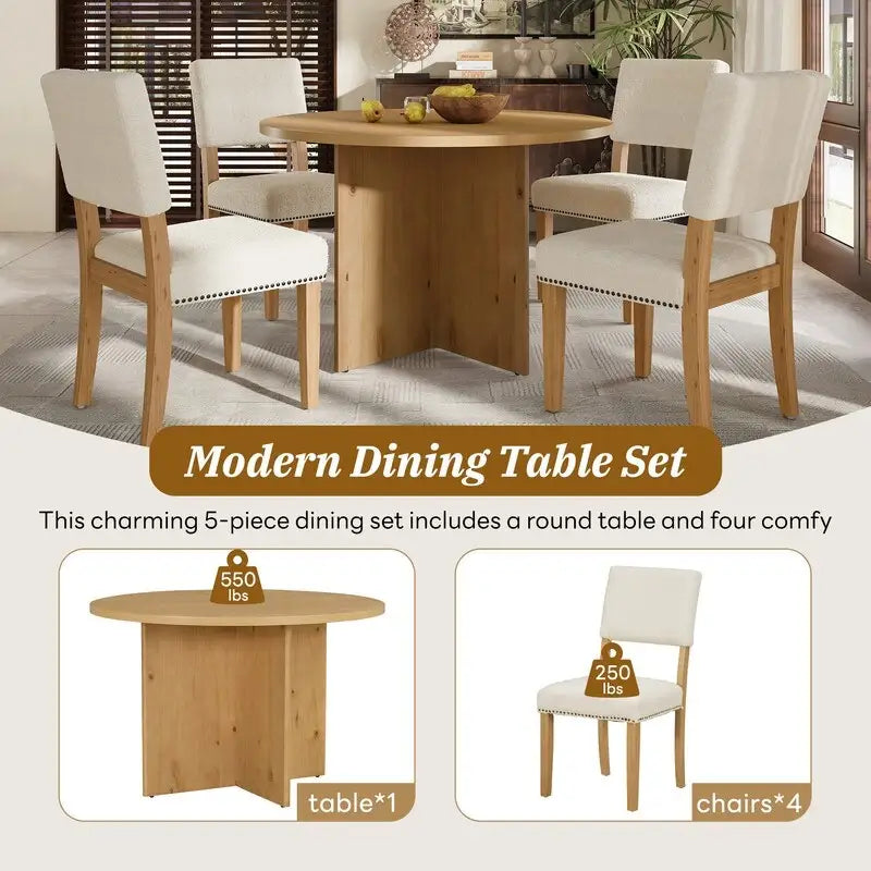 5-Piece Round Dining Table Set Pedestal Kitchen Table Set with 4 Upholstered Dining Chairs for Studio, Apartment, Small Places