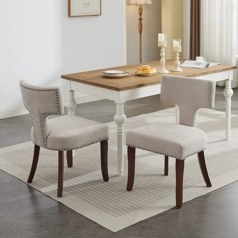 Modern Dining Chairs Set of 2, Farmhouse Linen Fabric Upholstered Accent Chair Curved Backrest with Copper Nails around