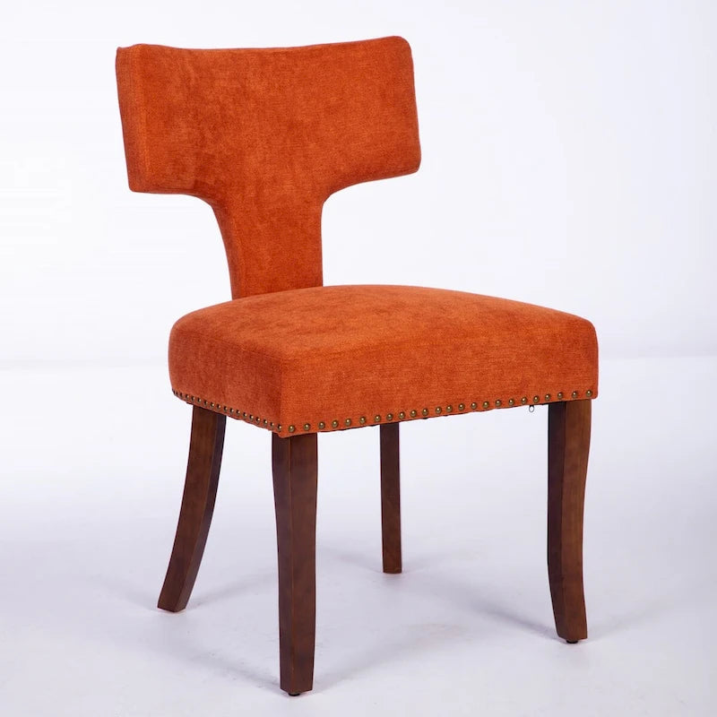 Modern Dining Chairs Set of 2, Farmhouse Linen Fabric Upholstered Accent Chair Curved Backrest with Copper Nails around