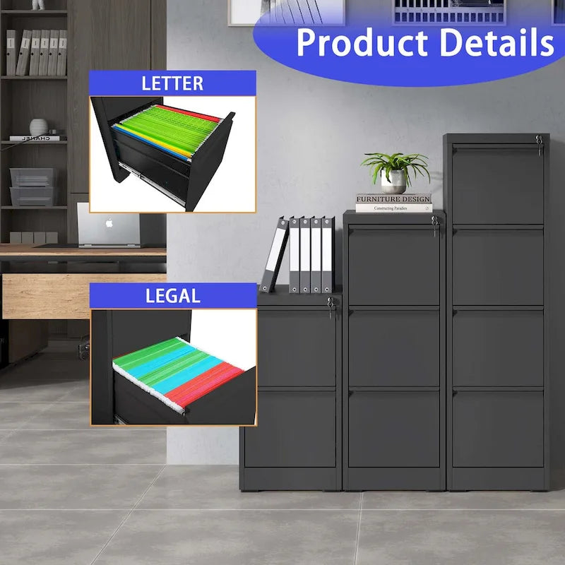 3-Drawers 14.96 W Metal Vertical File Cabinet with Lock Office Home Vertical File Cabinet for A4 Legal/Letter Size