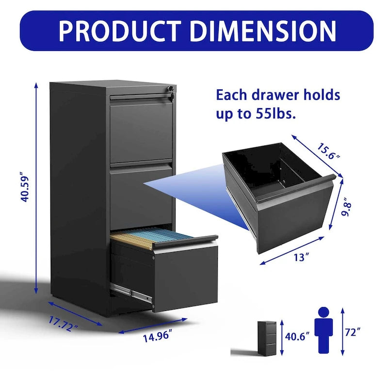 3-Drawers 14.96 W Metal Vertical File Cabinet with Lock Office Home Vertical File Cabinet for A4 Legal/Letter Size