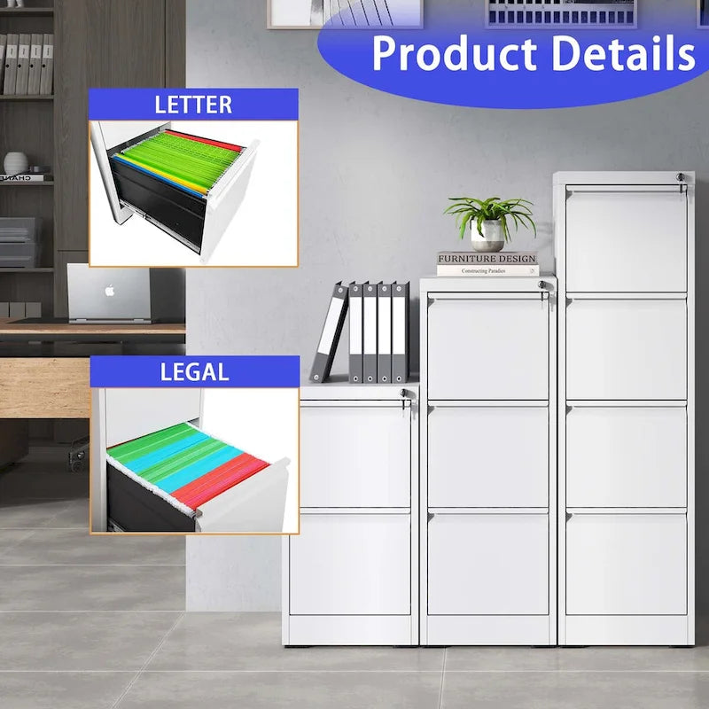 3-Drawers 14.96 W Metal Vertical File Cabinet with Lock Office Home Vertical File Cabinet for A4 Legal/Letter Size