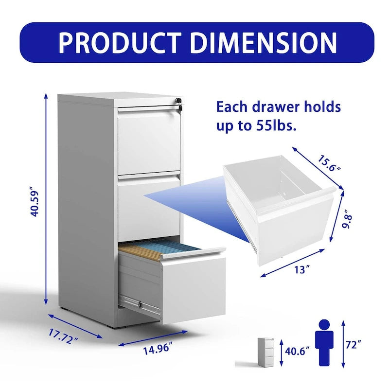 3-Drawers 14.96 W Metal Vertical File Cabinet with Lock Office Home Vertical File Cabinet for A4 Legal/Letter Size
