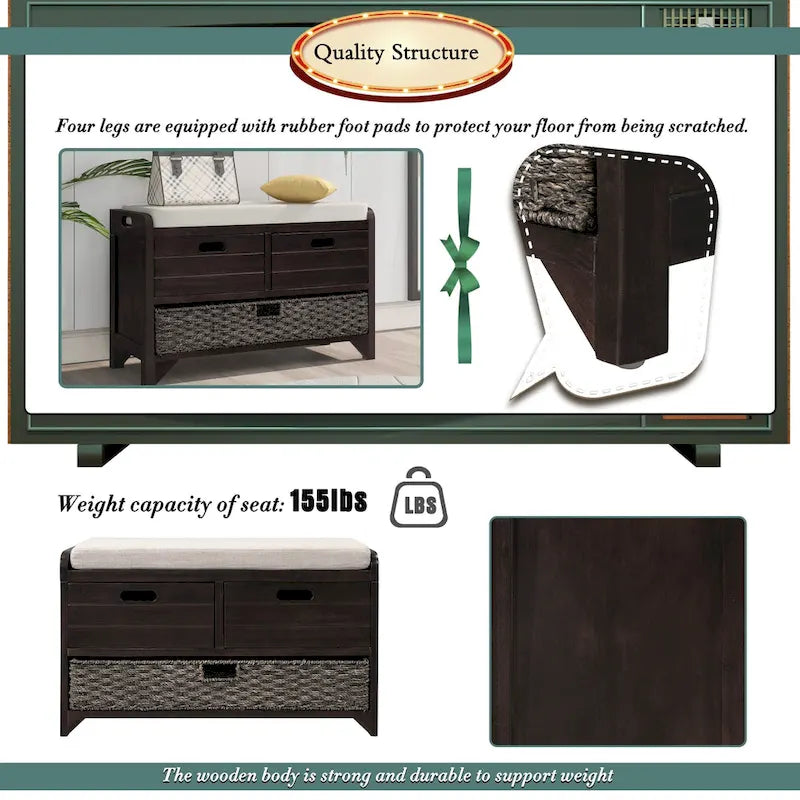 Storage Bench with Removable Basket and 2 Drawers