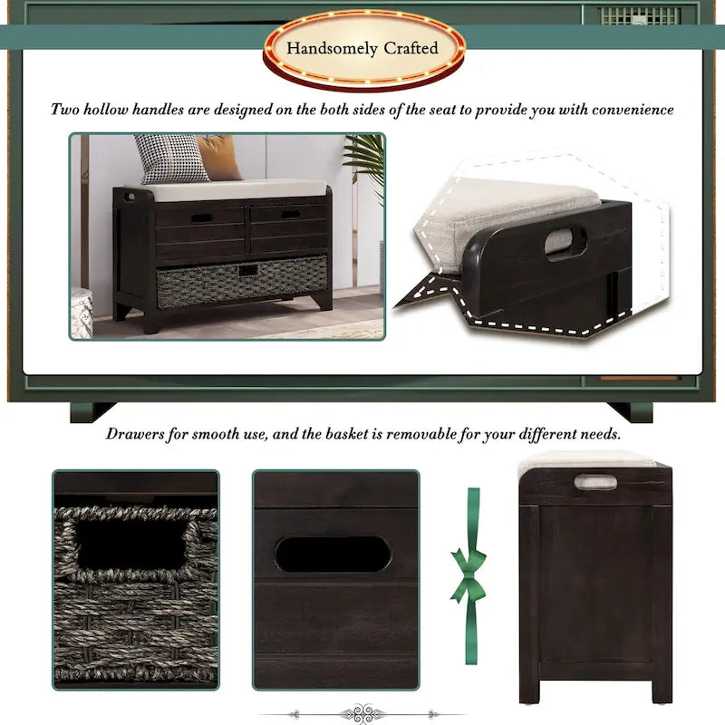 Storage Bench with Removable Basket and 2 Drawers