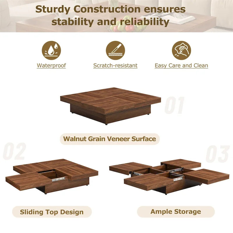 Square Marble Veneer Coffee Table Sliding Top with Storage by Harper&Bright Designs