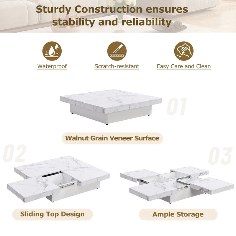 Square Marble Veneer Coffee Table Sliding Top with Storage by Harper&Bright Designs