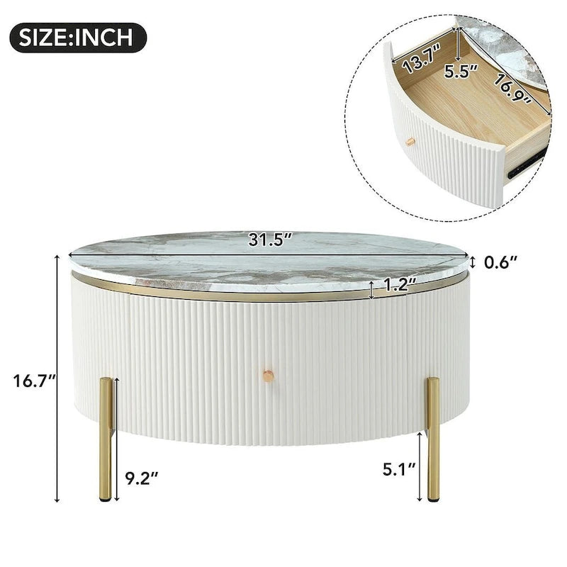 Modern Round Coffee Table with 2 Large Drawers Storage Accent Table with Marble-patterned Tabletop