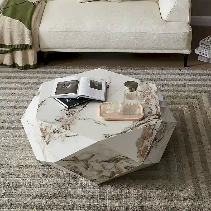 White Faux Marble Hexagonal Coffee Table with Wood Frame