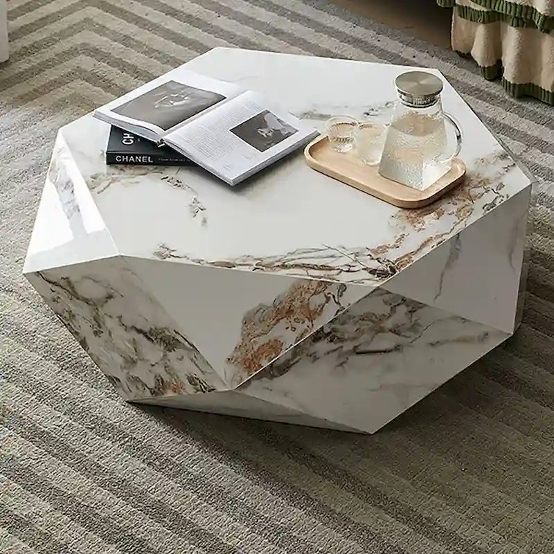 White Faux Marble Hexagonal Coffee Table with Wood Frame