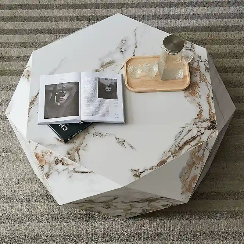 White Faux Marble Hexagonal Coffee Table with Wood Frame
