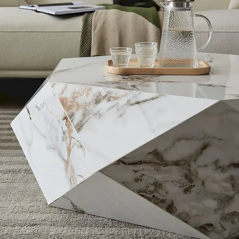 White Faux Marble Hexagonal Coffee Table with Wood Frame