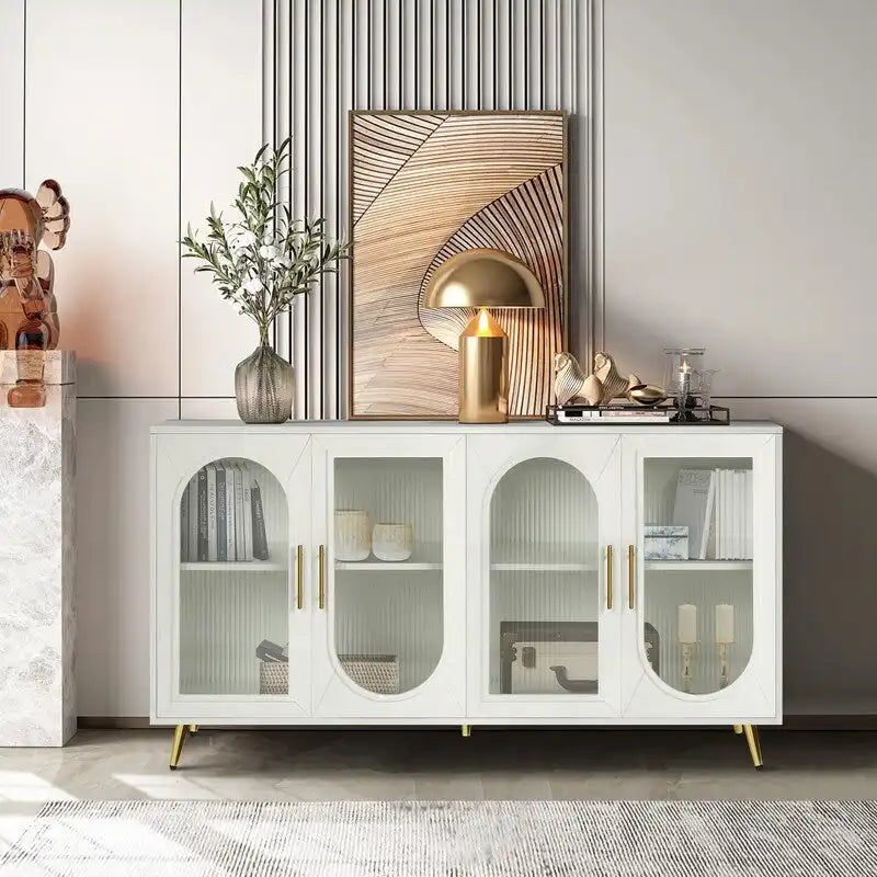 Grondin Mid-Century Modern Style 59.8 Wide Sideboard Buffet with Fluted Tempered Glass Doors and Adjustable Shelves