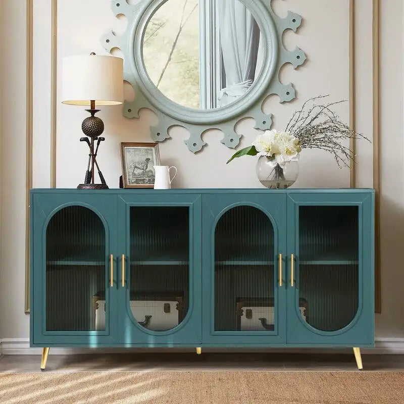 Grondin Mid-Century Modern Style 59.8 Wide Sideboard Buffet with Fluted Tempered Glass Doors and Adjustable Shelves