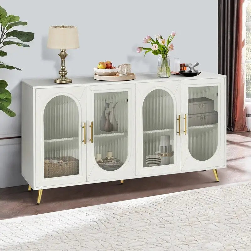 Grondin Mid-Century Modern Style 59.8 Wide Sideboard Buffet with Fluted Tempered Glass Doors and Adjustable Shelves