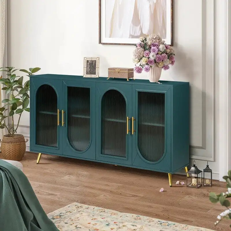 Grondin Mid-Century Modern Style 59.8 Wide Sideboard Buffet with Fluted Tempered Glass Doors and Adjustable Shelves