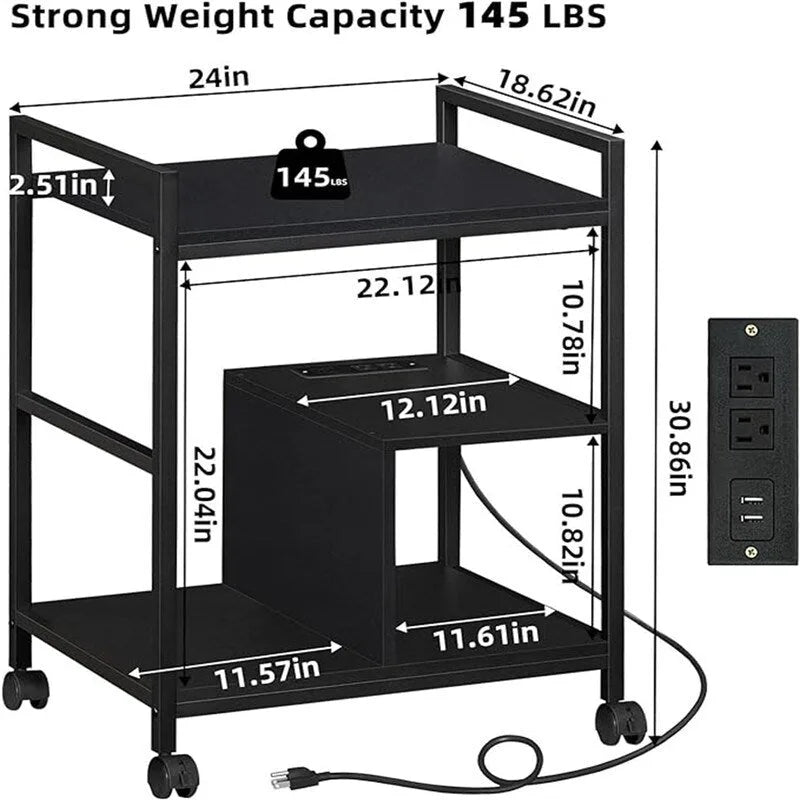 Printer Stand with Charging Station and USB Ports Large 3-Tier - 24D x 18.62W x 30.86H