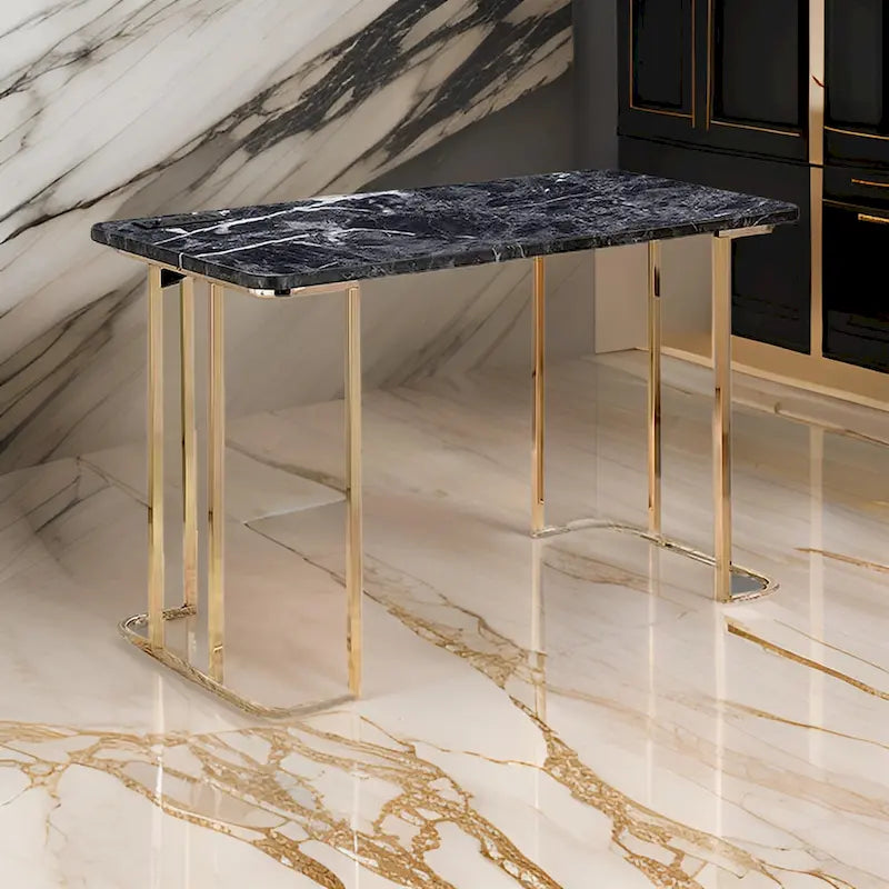 Jenny 47 Inch Desk, USB Power Outlet, Gold Metal Legs, Black Faux Marble