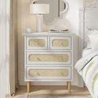 COZAYH Wicker Rattan Chest of Drawers, 4-Drawer Dresser, White Finish Wooden Storage Cabinet, Boho Mid-Century Coastal Sideboard