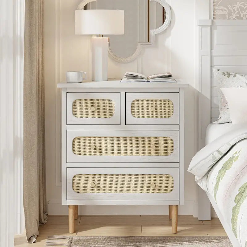 COZAYH Wicker Rattan Chest of Drawers, 4-Drawer Dresser, White Finish Wooden Storage Cabinet, Boho Mid-Century Coastal Sideboard