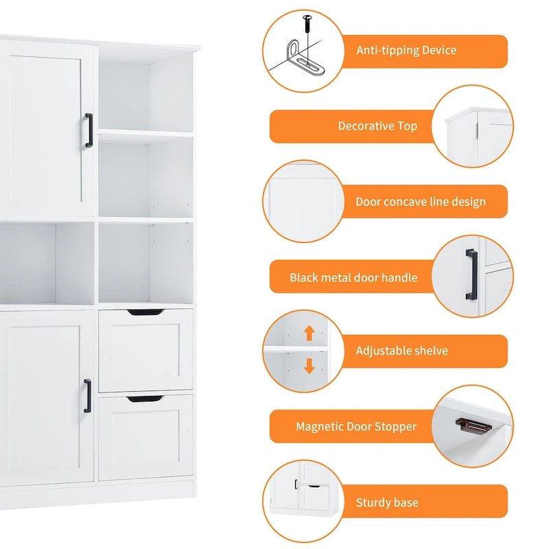Bathroom Storage Cabinet with Doors and Drawers, Open Shelve, Adjustable Shelf