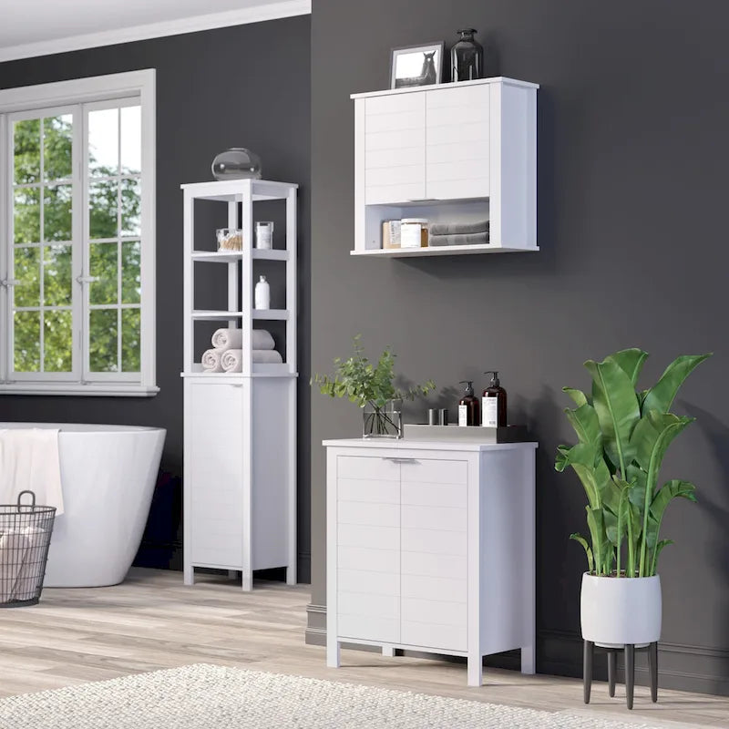 RiverRidge Madison Single Door Tall Bathroom Cabinet Storage Organizer with an Open and Adjustable Interior Shelves