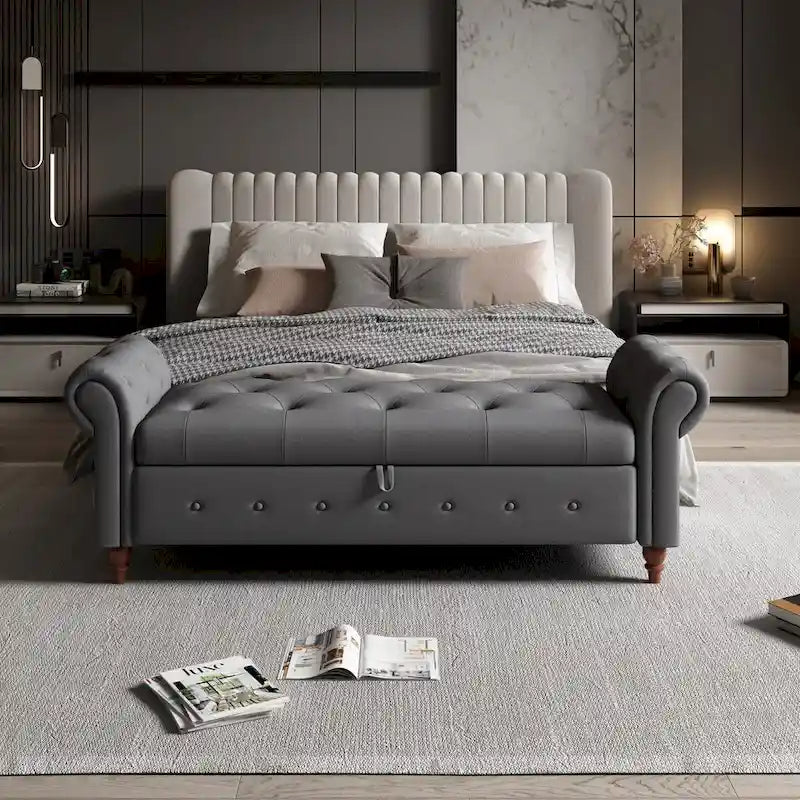 Tufted Storage Bench with Rolled Arms - 63"