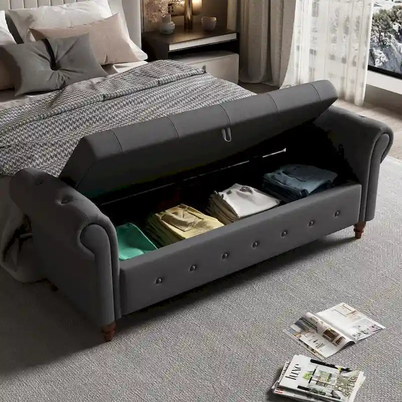 Tufted Storage Bench with Rolled Arms - 63"