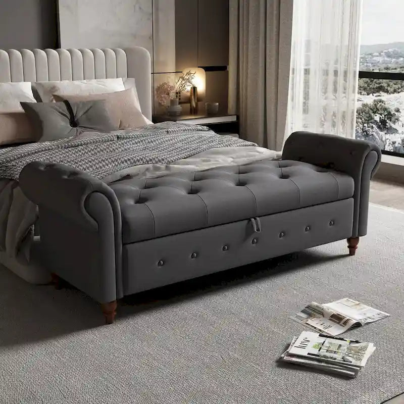 Tufted Storage Bench with Rolled Arms - 63"