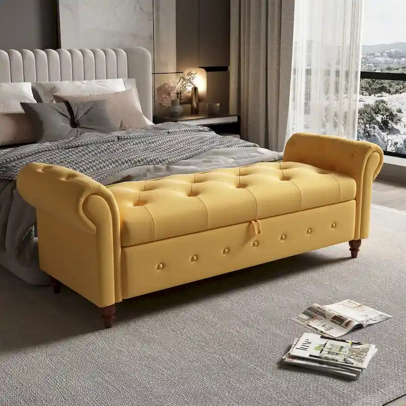 Tufted Storage Bench with Rolled Arms - 63"