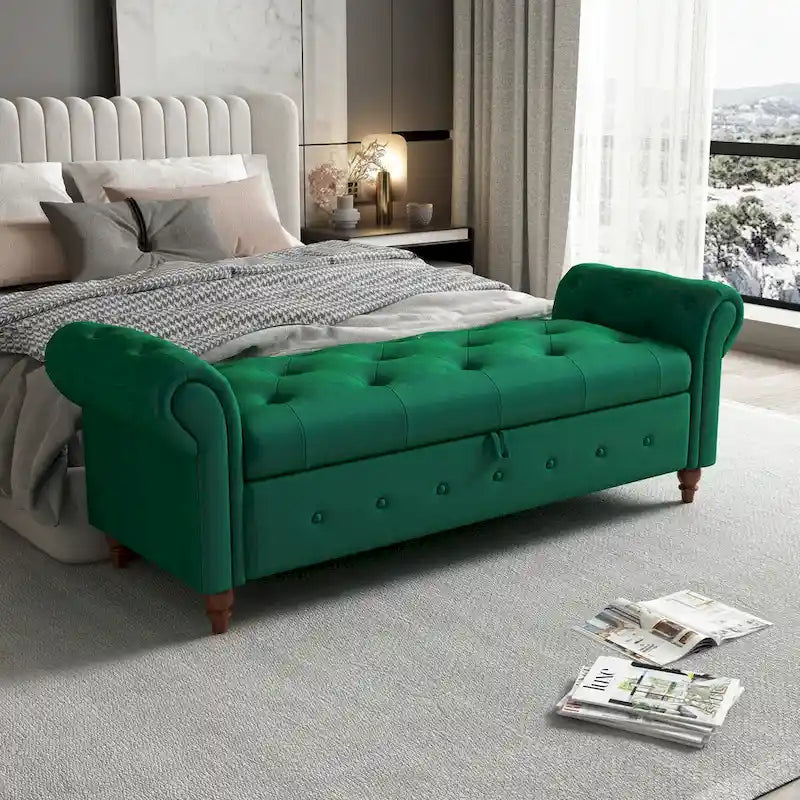 Tufted Storage Bench with Rolled Arms - 63"