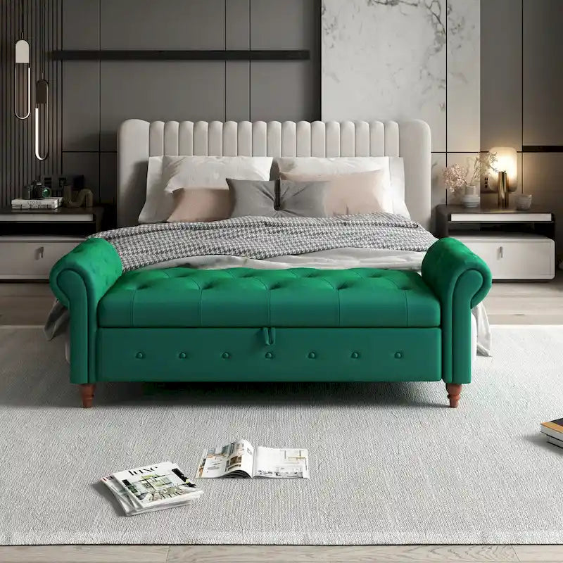Tufted Storage Bench with Rolled Arms - 63"