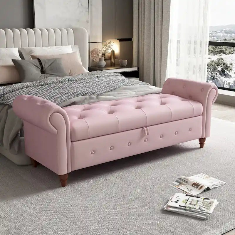 Tufted Storage Bench with Rolled Arms - 63"
