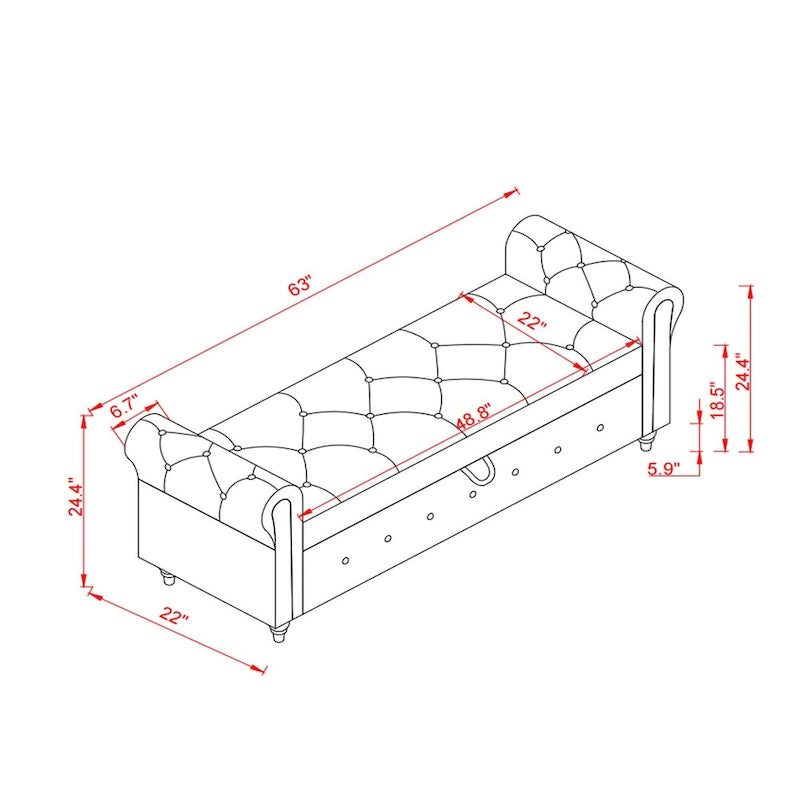 Tufted Storage Bench with Rolled Arms - 63"