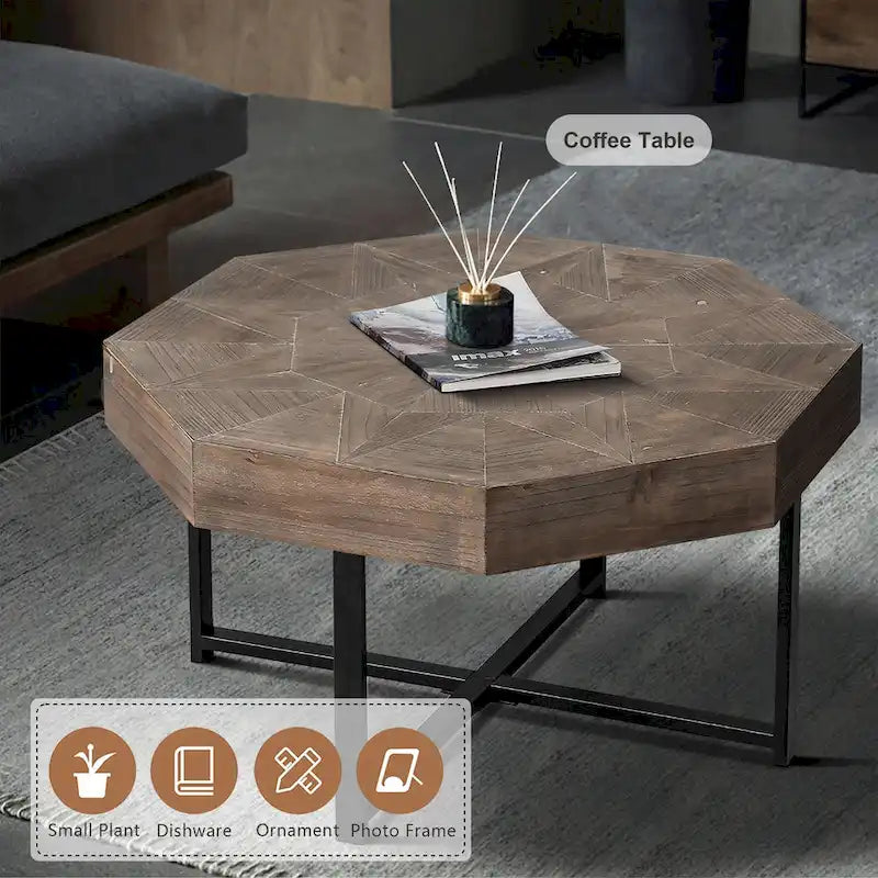 30-Inch Wood Octagonal Vintage Patchwork Coffee Table