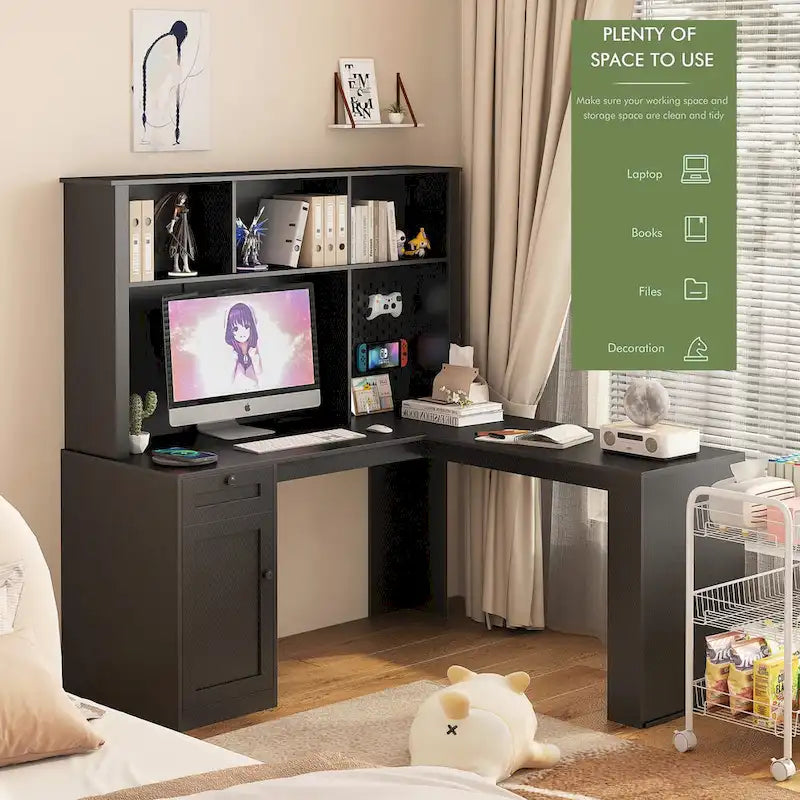 L Shaped Desk with outlet, Computer Desk with Drawers, Bookshelf & Hutch, Modern Corner Desk, Home Office Desk