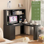 L Shaped Desk with outlet, Computer Desk with Drawers, Bookshelf & Hutch, Modern Corner Desk, Home Office Desk