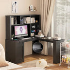 L Shaped Desk with outlet, Computer Desk with Drawers, Bookshelf & Hutch, Modern Corner Desk, Home Office Desk