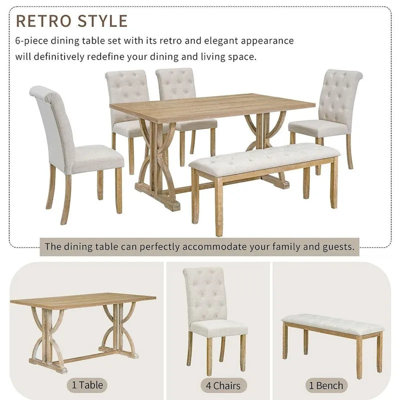 6 PCS Retro Rectangular Dining Table Set for 6